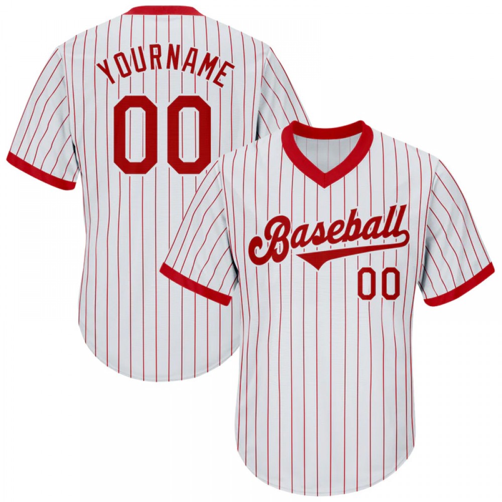 Custom White Red Pinstripe Red-white Authentic Throwback Rib-knit Baseball Jersey Shirt