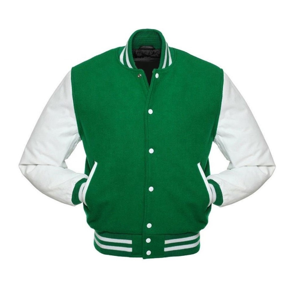 Green Wool and White Leather Sleeves Varsity Jacket