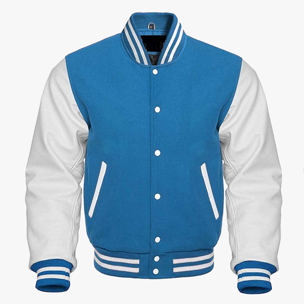 Blue Collage Jacket with White leather sleeves Varsity Bomber Jackets