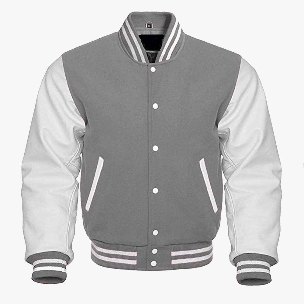 Gray And White leather sleeves Varsity Baseball Jackets