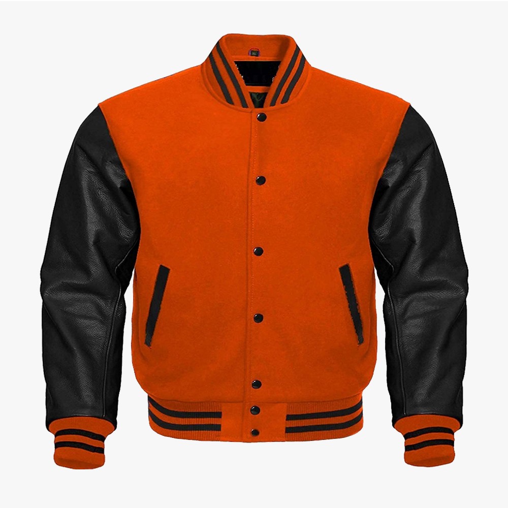 Orange And Black leather sleeves Stylish Bomber Jackets