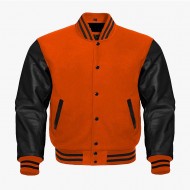 Orange And Black leather sleeves Stylish Bomber Jackets