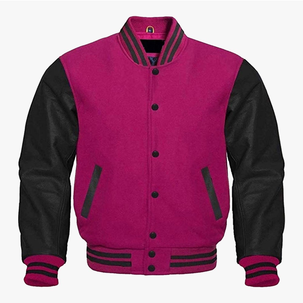 Pink Wool and Black Leather Sleeves Varsity Letterman Jackets