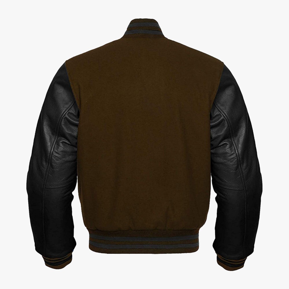 Brown Wool And Black Leather Sleeves Varsity Baseball Jackets