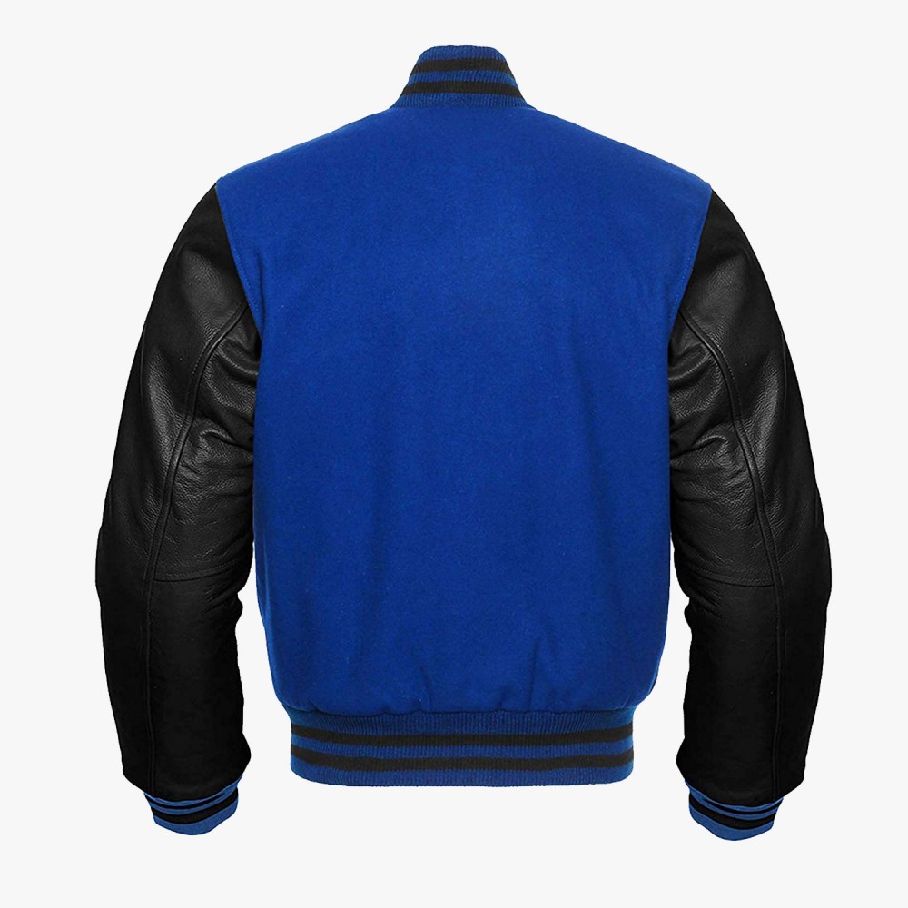 Blue And Black leather sleeves Varsity Bomber Jackets