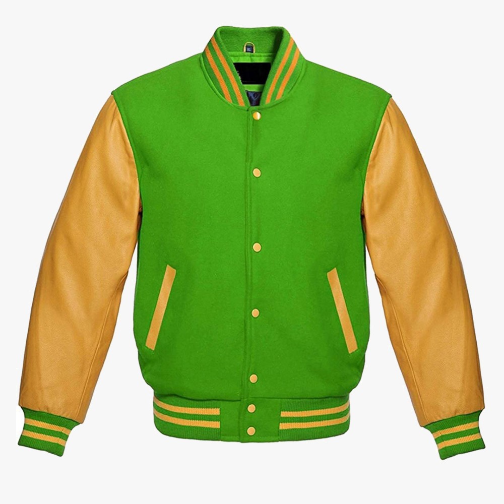 Light Green And Yellow leather sleeves Varsity Letterman Jackets