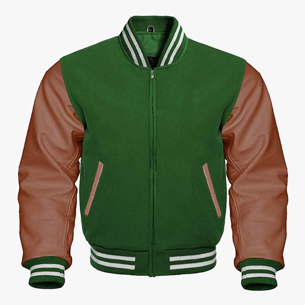 Green And Brown leather sleeves Stylish Varsity Bomber Jackets