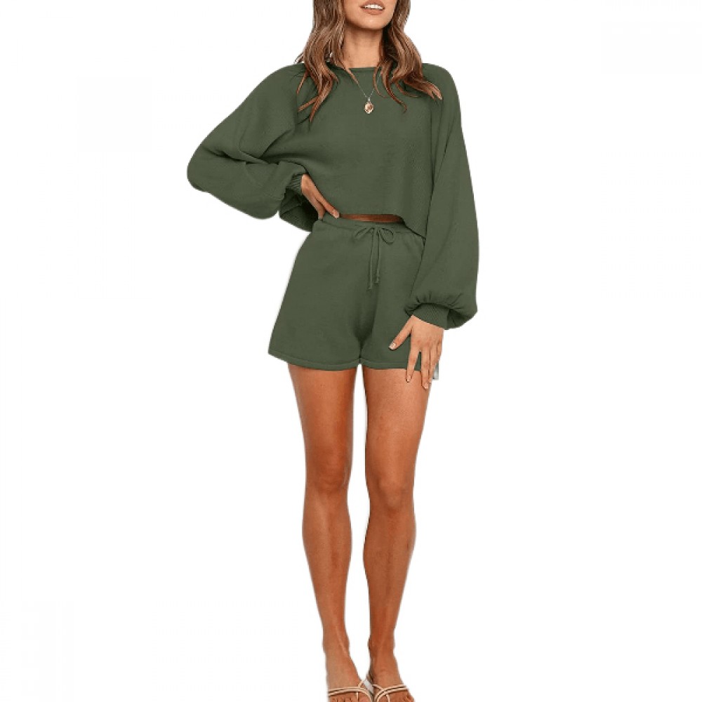 Hot Sale Women Long Sleeve Two Piece T-Shirts and Short Set 2 Piece Outfit Set Short Sport Set