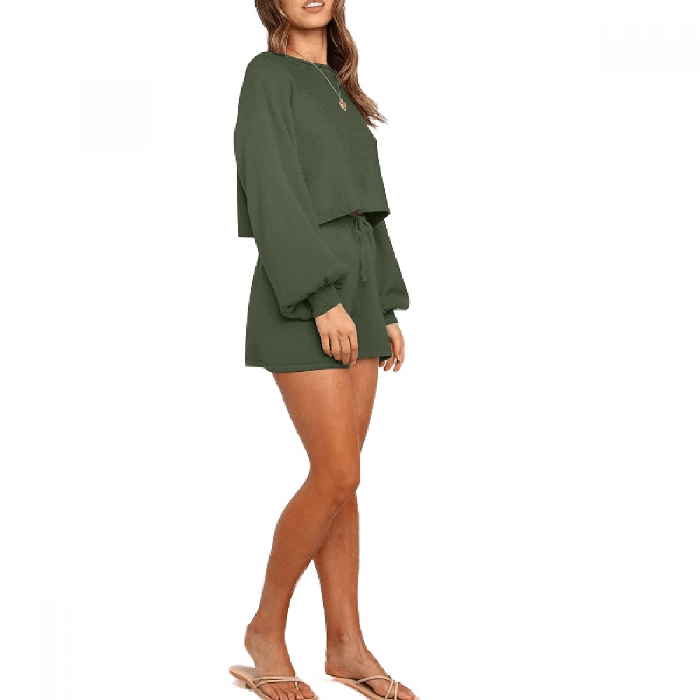 Hot Sale Women Long Sleeve Two Piece T-Shirts and Short Set 2 Piece Outfit Set Short Sport Set