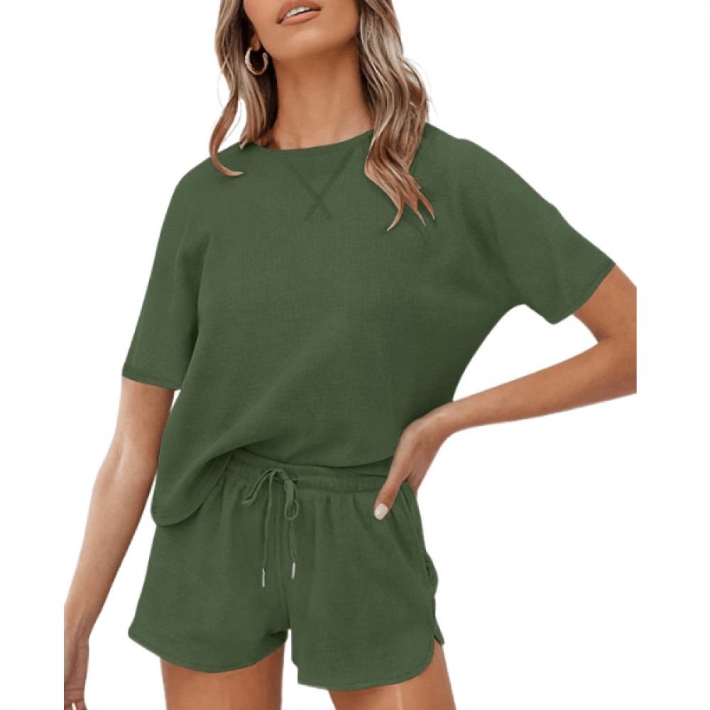 Women Summer Solid Color Shorts T-Shirt Casual Two Piece Set