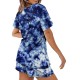 Women Tie Dye Ribbed Knitted Blue T-shirt and Shorts Two Pieces Sets