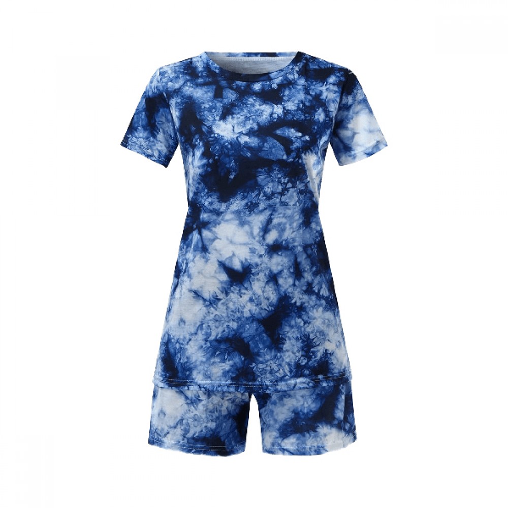 Women Tie Dye Ribbed Knitted Blue T-shirt and Shorts Two Pieces Sets