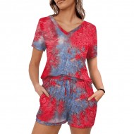 Women Tie Dye Ribbed Knitted Red T-shirt and Shorts Two Pieces Sets