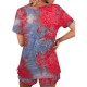 Women Tie Dye Ribbed Knitted Red T-shirt and Shorts Two Pieces Sets