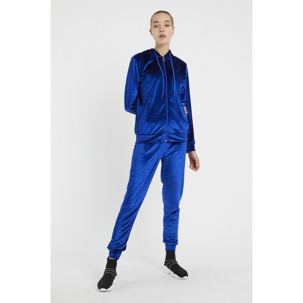 Women’s Parlement Blue Hooded Velvet Stone Printed Tracksuit Set