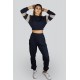 Women’s Navy Blue Sleeve Stripe Crop Top Jogger Bottom Sweat Suit