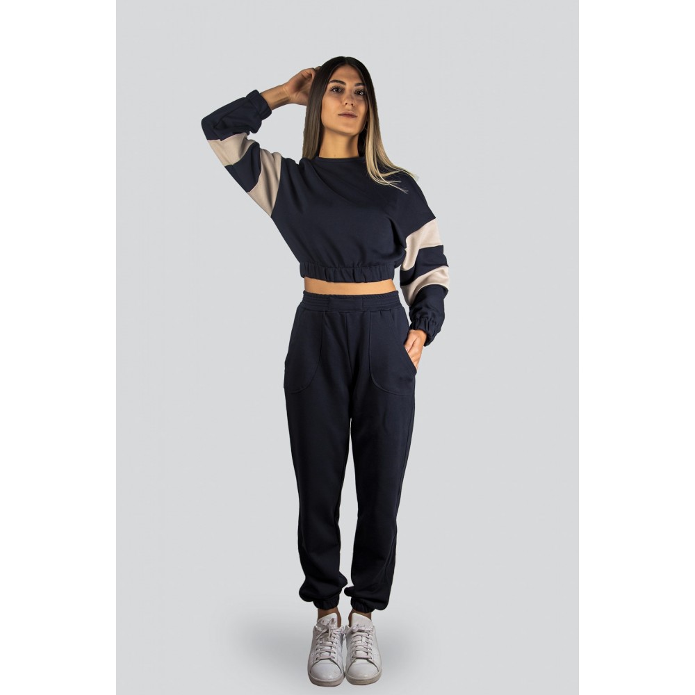 Women’s Navy Blue Sleeve Stripe Crop Top Jogger Bottom Sweat Suit