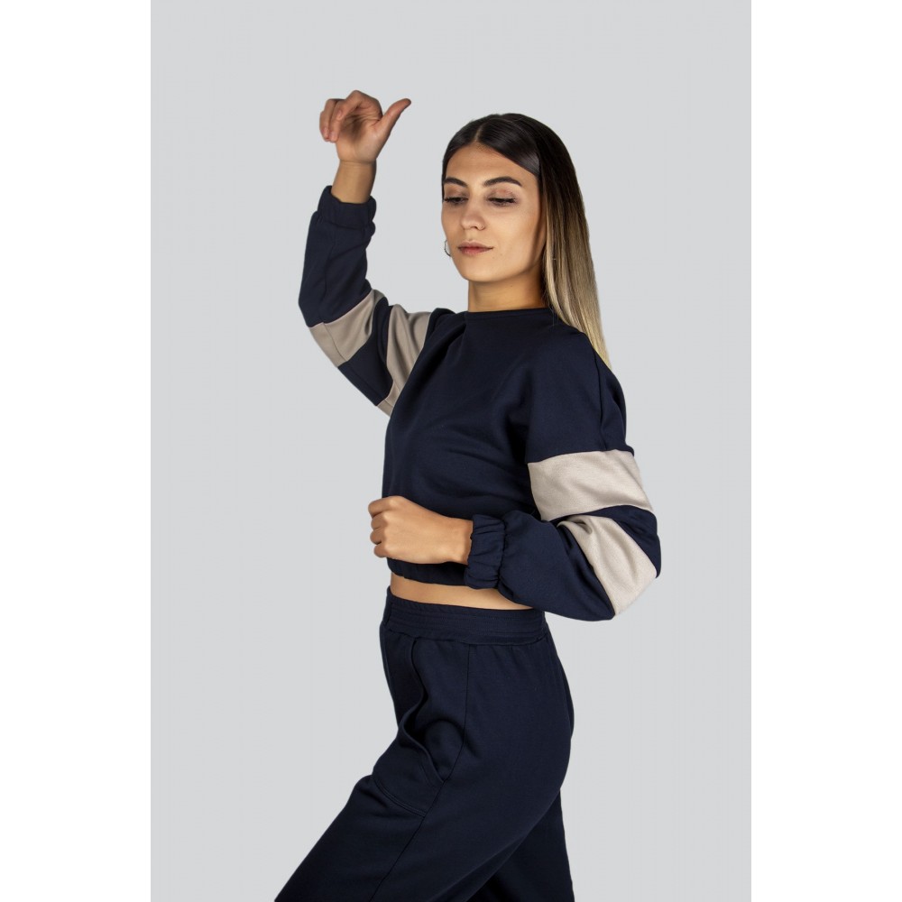 Women’s Navy Blue Sleeve Stripe Crop Top Jogger Bottom Sweat Suit