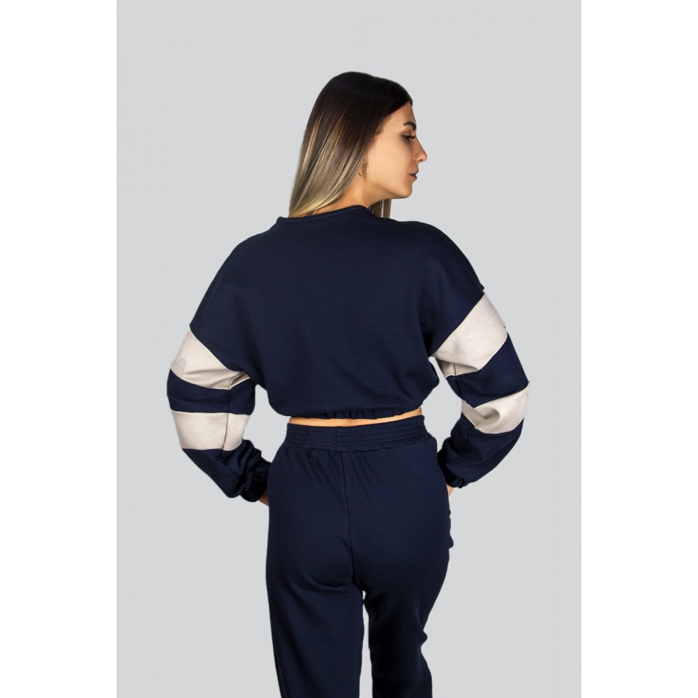 Women’s Navy Blue Sleeve Stripe Crop Top Jogger Bottom Sweat Suit