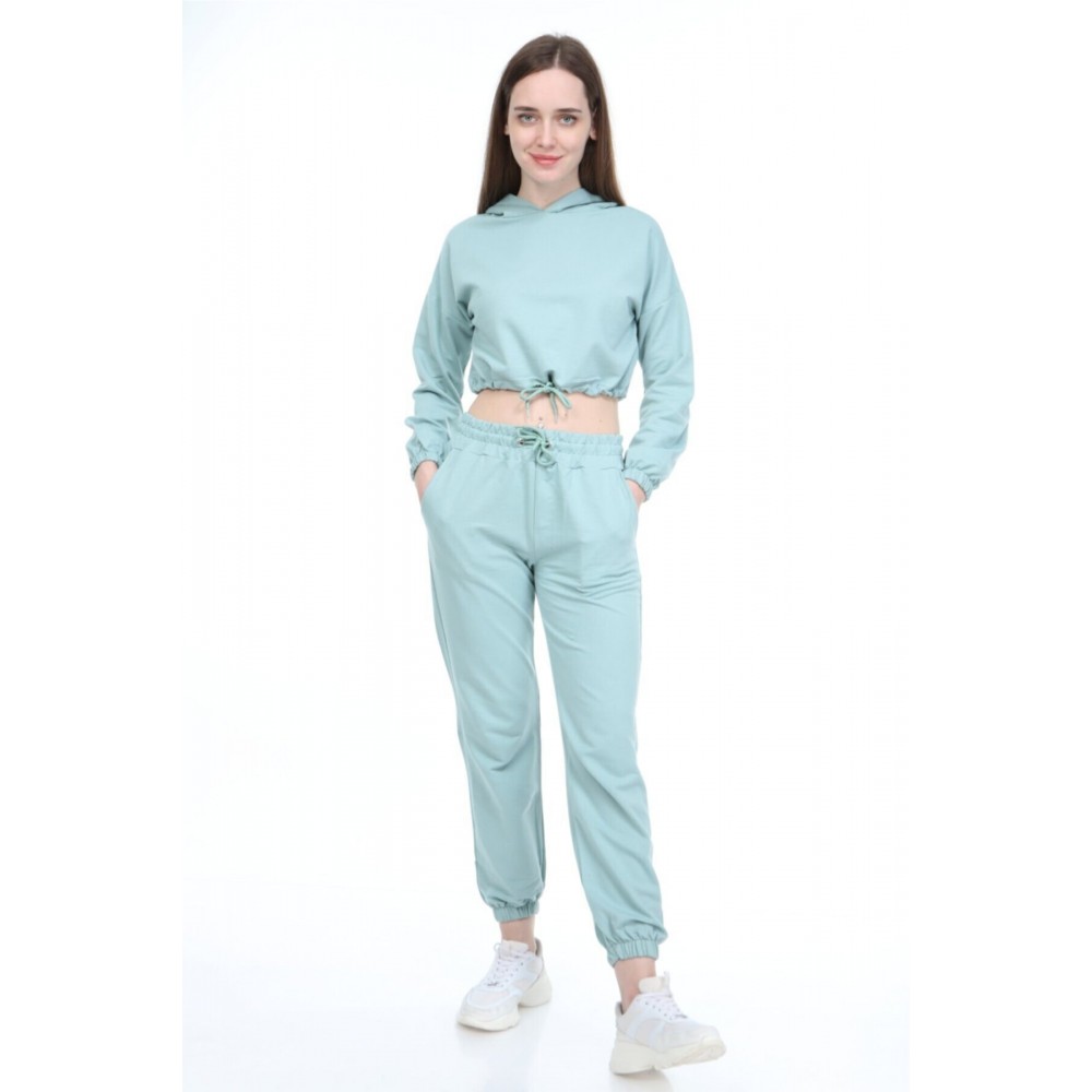 Women’s Mint Green Top Crop Elastic Tracksuit Set