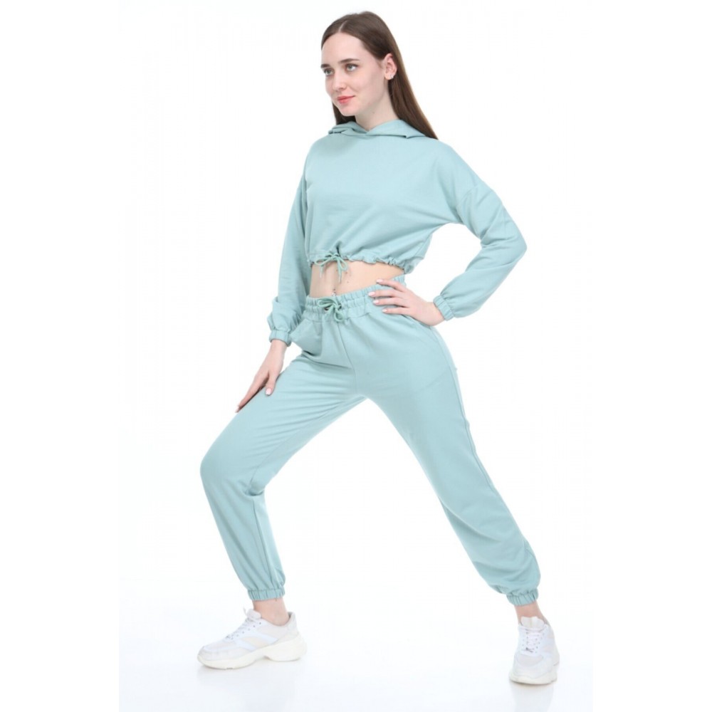 Women’s Mint Green Top Crop Elastic Tracksuit Set