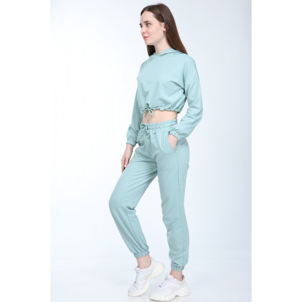 Women’s Mint Green Top Crop Elastic Tracksuit Set