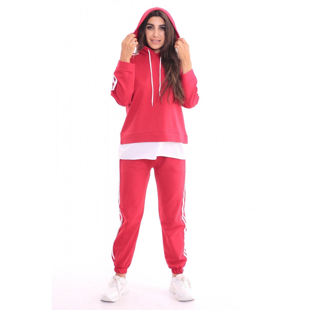 Women’s Red Hooded and Pant Striped Tracksuit