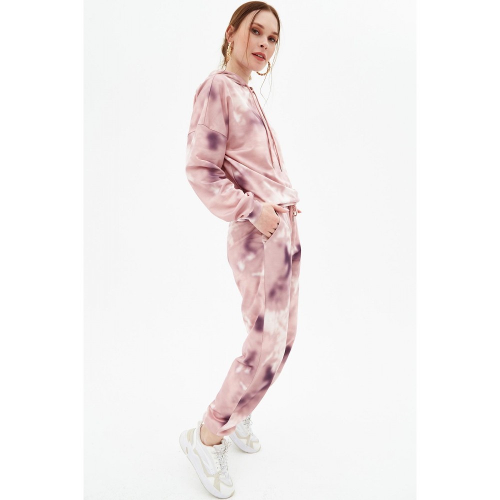 Women’s Dried Rose Tie Pattern Hooded Jogger Tracksuit Set