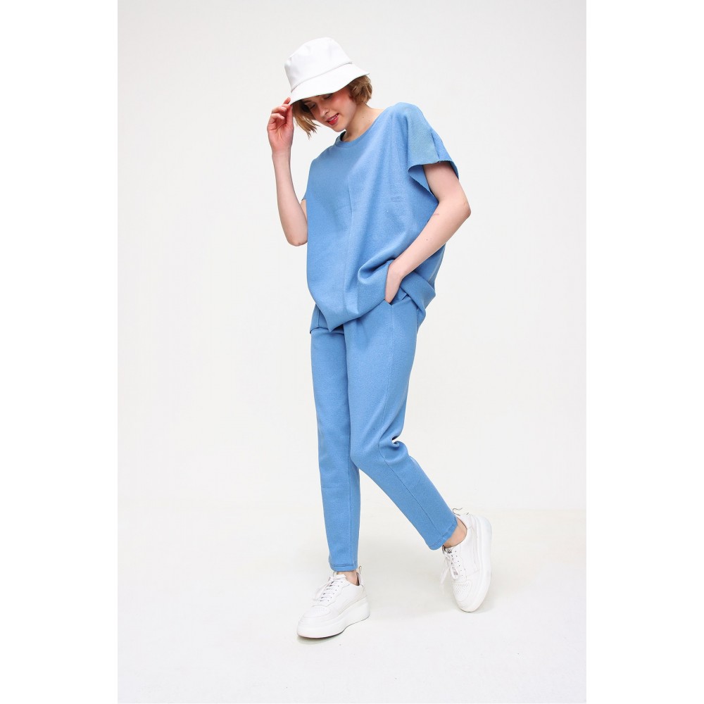 Women’s Blue Crew Neck Ribbed Tracksuit