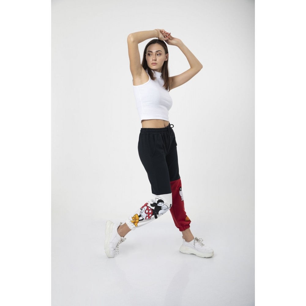 Women’s Black Trousers Elastic Color-Blocked Mickey Printed Sweatpants