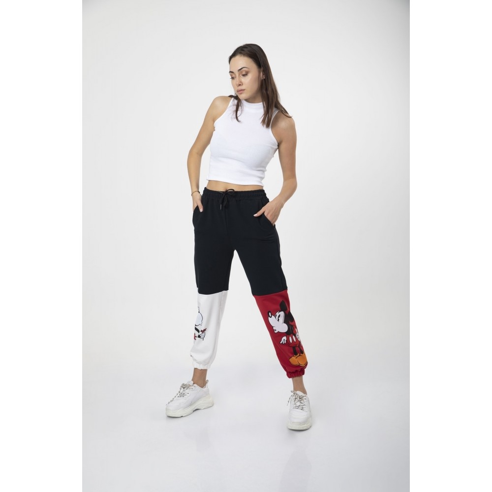 Women’s Black Trousers Elastic Color-Blocked Mickey Printed Sweatpants