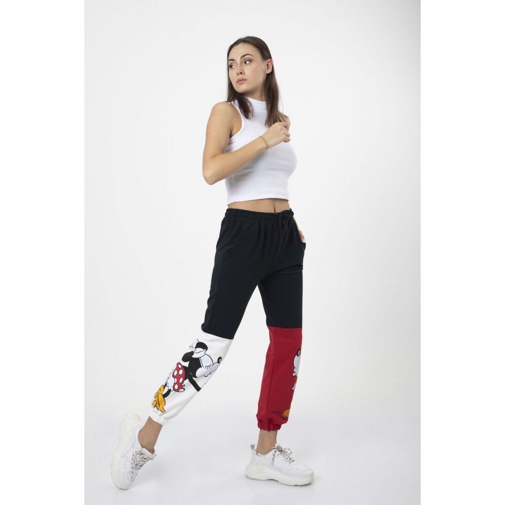 Women’s Black Trousers Elastic Color-Blocked Mickey Printed Sweatpants