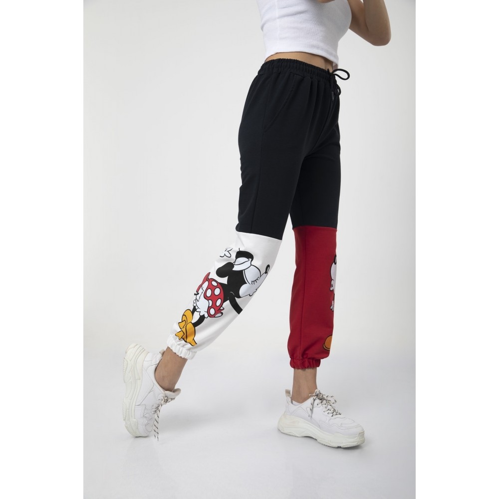 Women’s Black Trousers Elastic Color-Blocked Mickey Printed Sweatpants