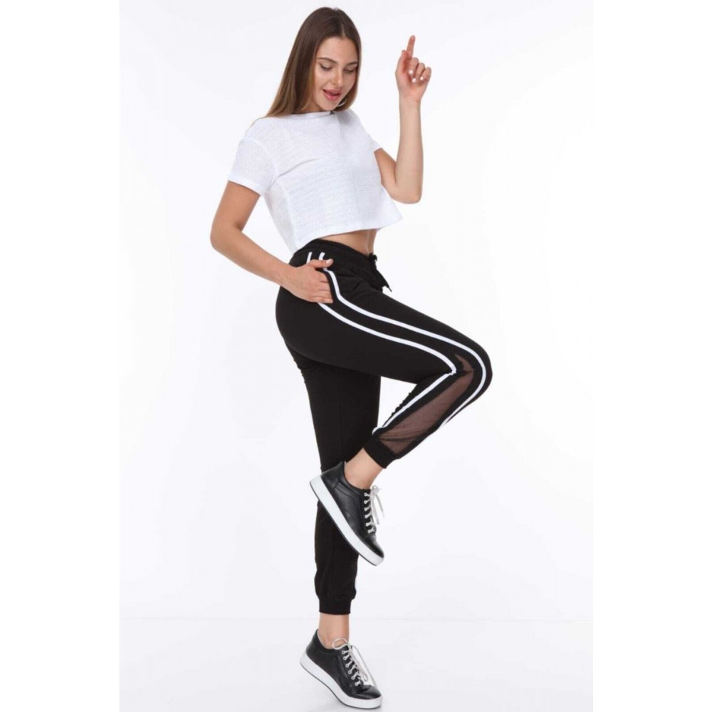 Women’s Black Side Mesh White Double Striped White Drawstring Ankle Ribbed Tracksuit Bottom