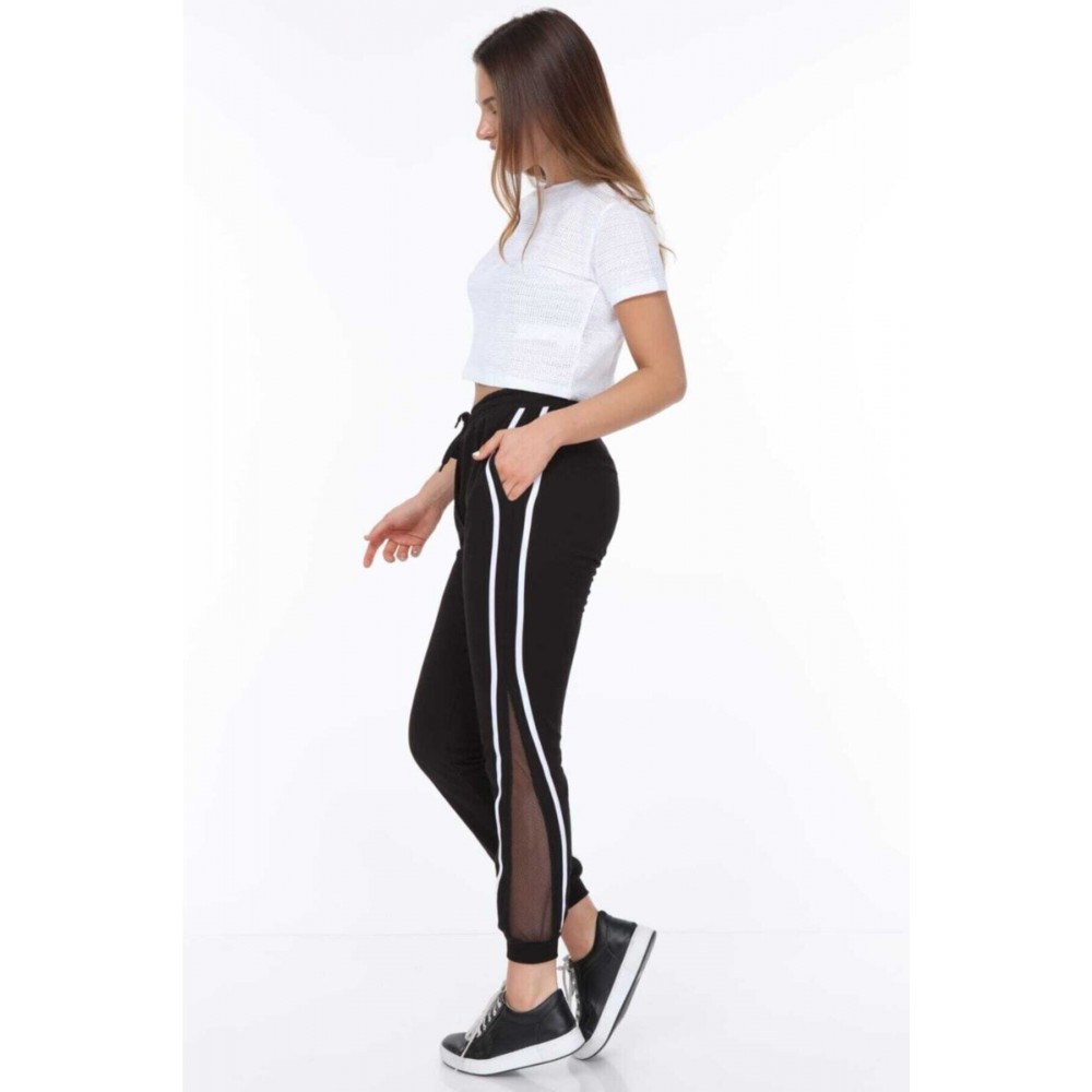 Women’s Black Side Mesh White Double Striped White Drawstring Ankle Ribbed Tracksuit Bottom