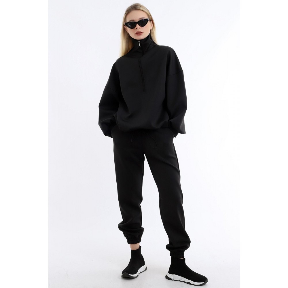 Women’s Black Collar Long Zippered Scuba Fabric Comfortable Stylish And Sporty Jogging Suit