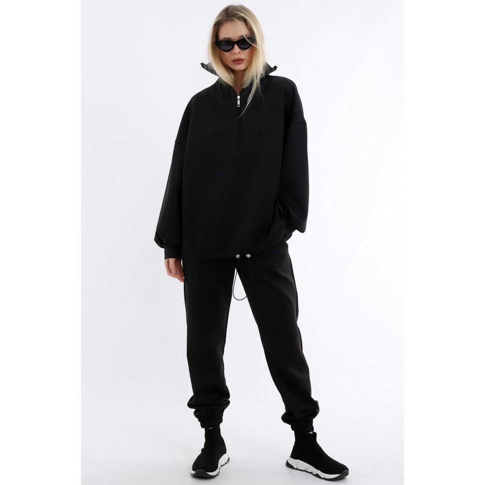 Women’s Black Collar Long Zippered Scuba Fabric Comfortable Stylish And Sporty Jogging Suit