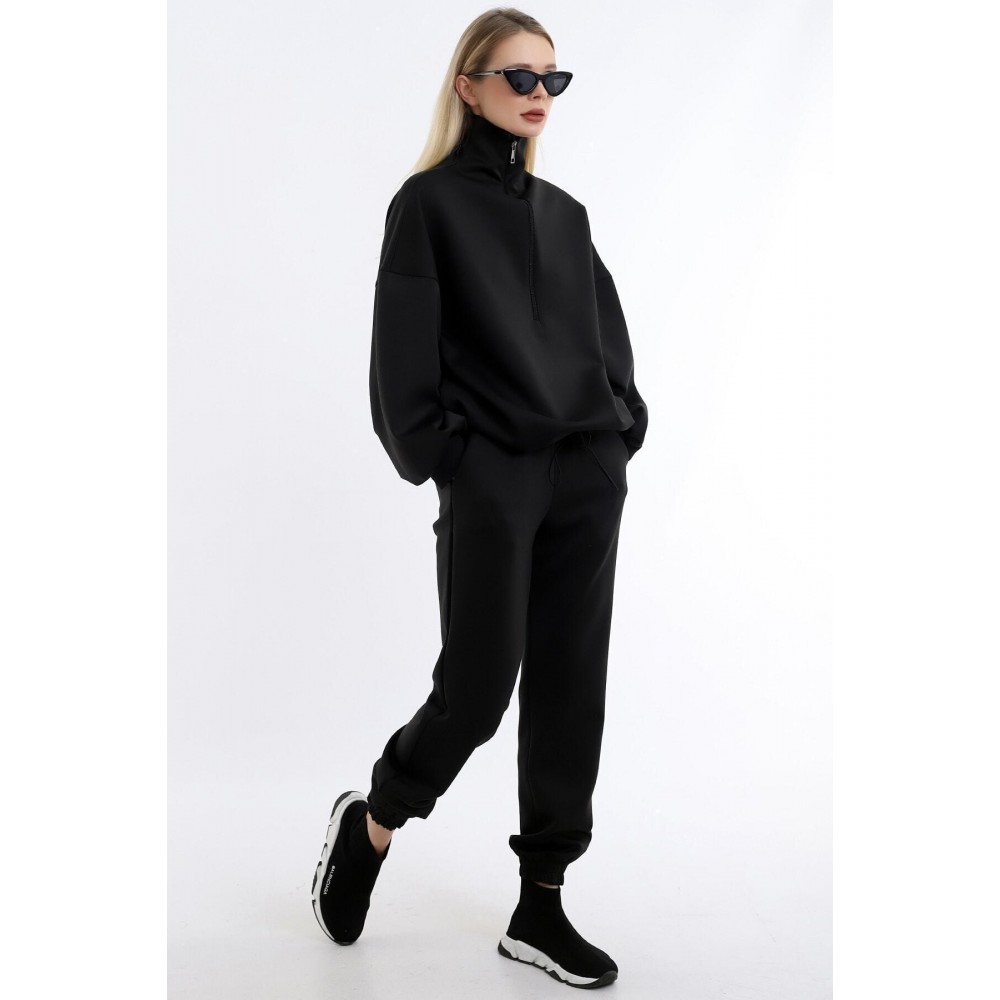 Women’s Black Collar Long Zippered Scuba Fabric Comfortable Stylish And Sporty Jogging Suit