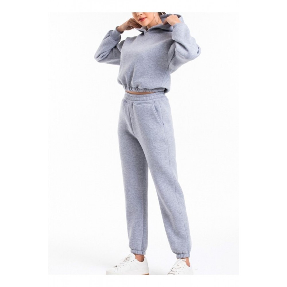 Women Gray Hooded High Waist Fleece Fabric Tracksuit Set