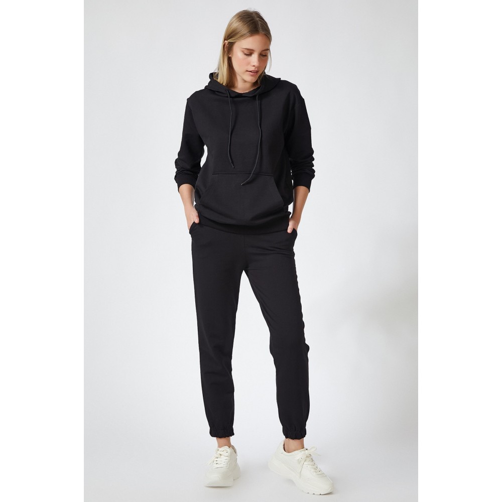 Women Black Hooded Spring Tracksuit Set