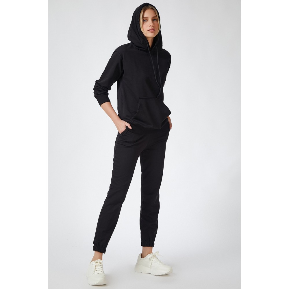 Women Black Hooded Spring Tracksuit Set