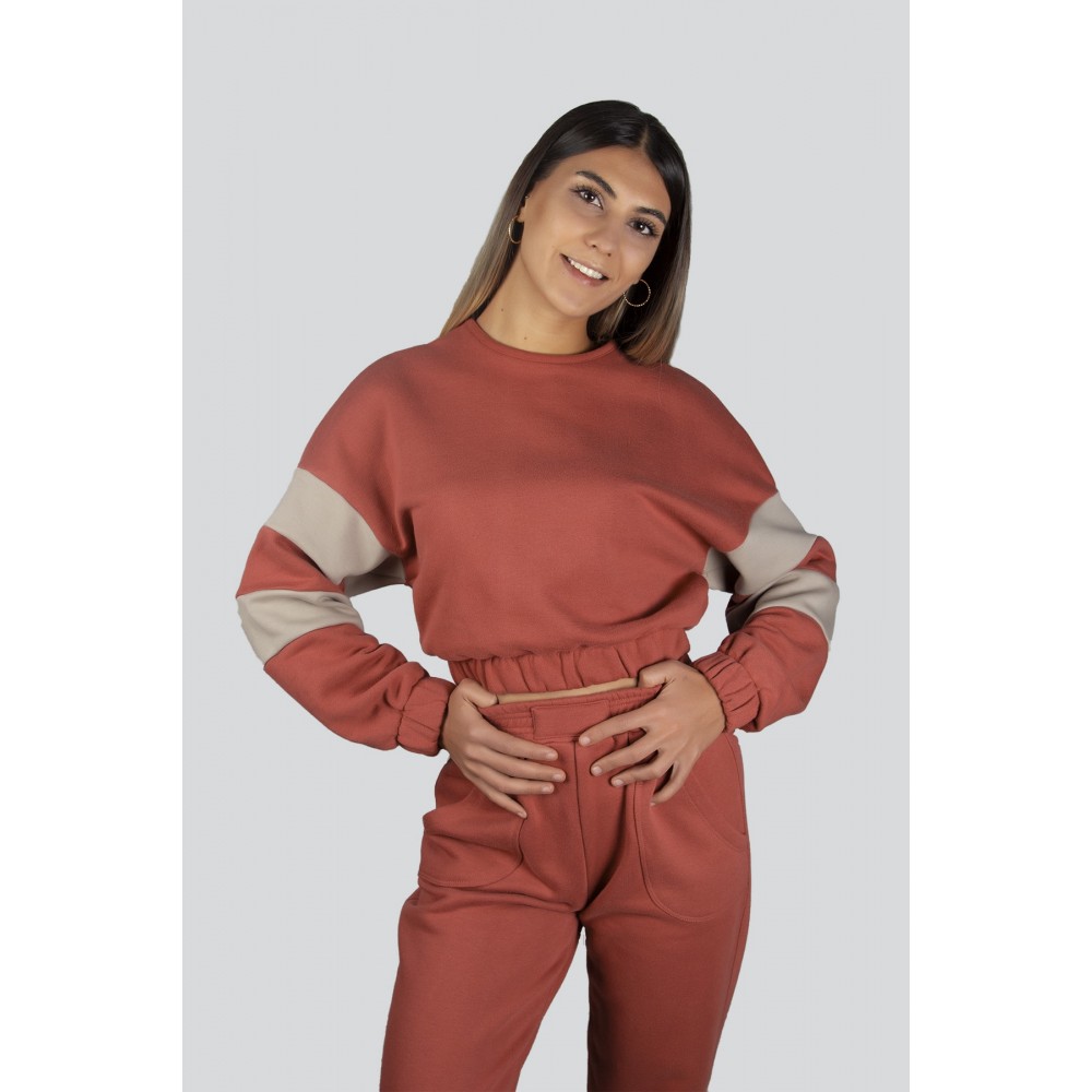 Pomegranate Flower Sleeve Striped Crop Top Jogger Bottom Sweat Suit