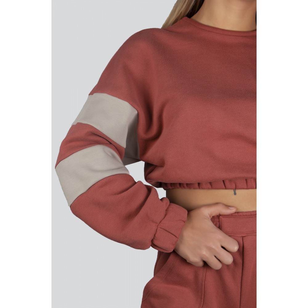 Pomegranate Flower Sleeve Striped Crop Top Jogger Bottom Sweat Suit